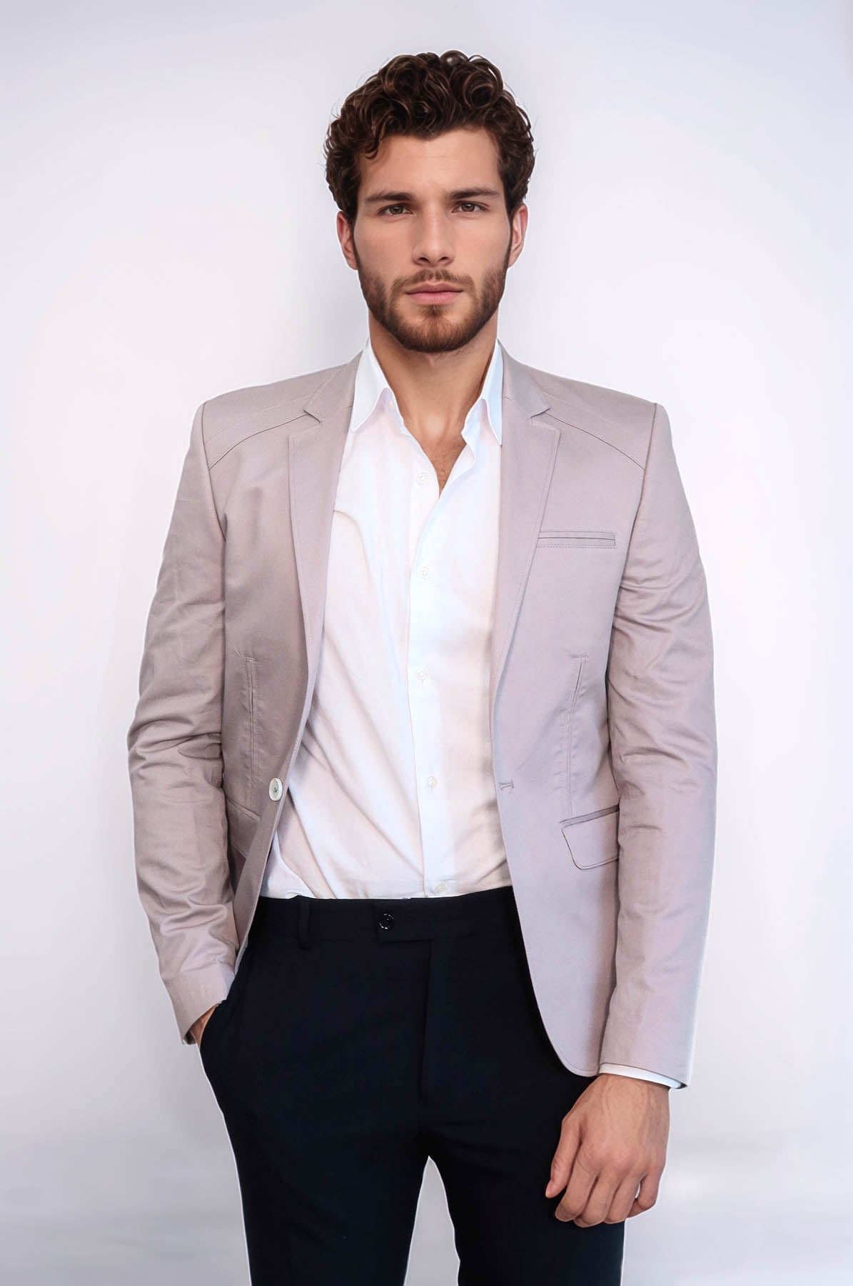 3 pocket Single Button Cotton Beige Jacket – front view