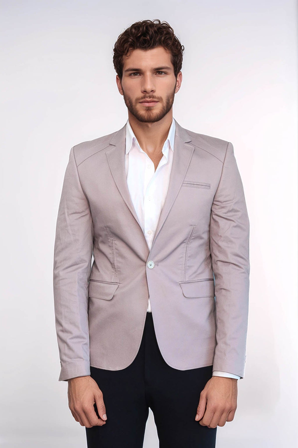 3 pocket Single Button Cotton Beige Jacket – side view