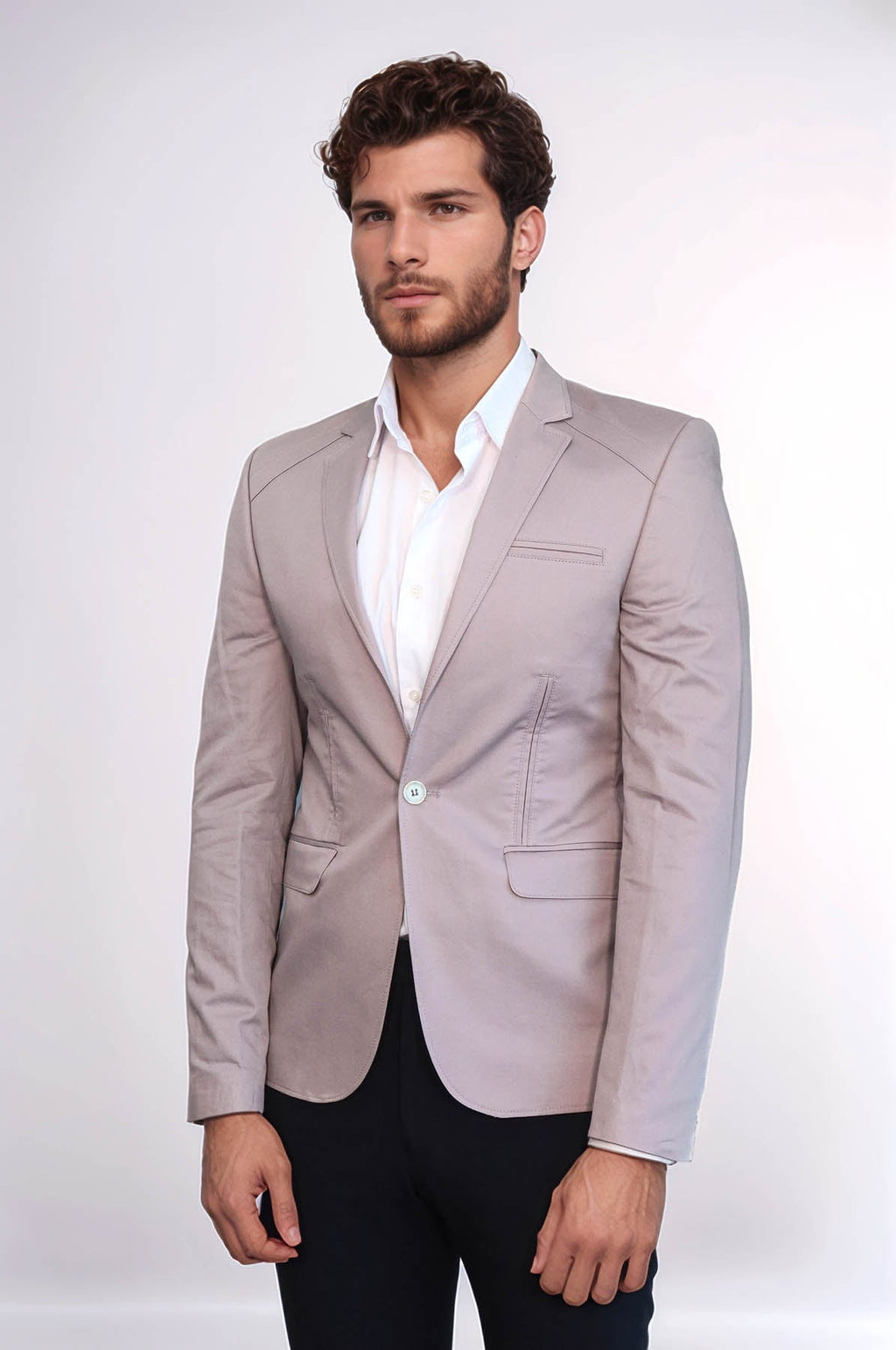 3 pocket Single Button Cotton Beige Jacket – styled view