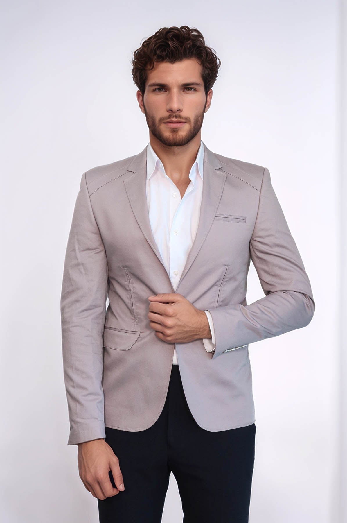 3 pocket Single Button Cotton Beige Jacket – close up view