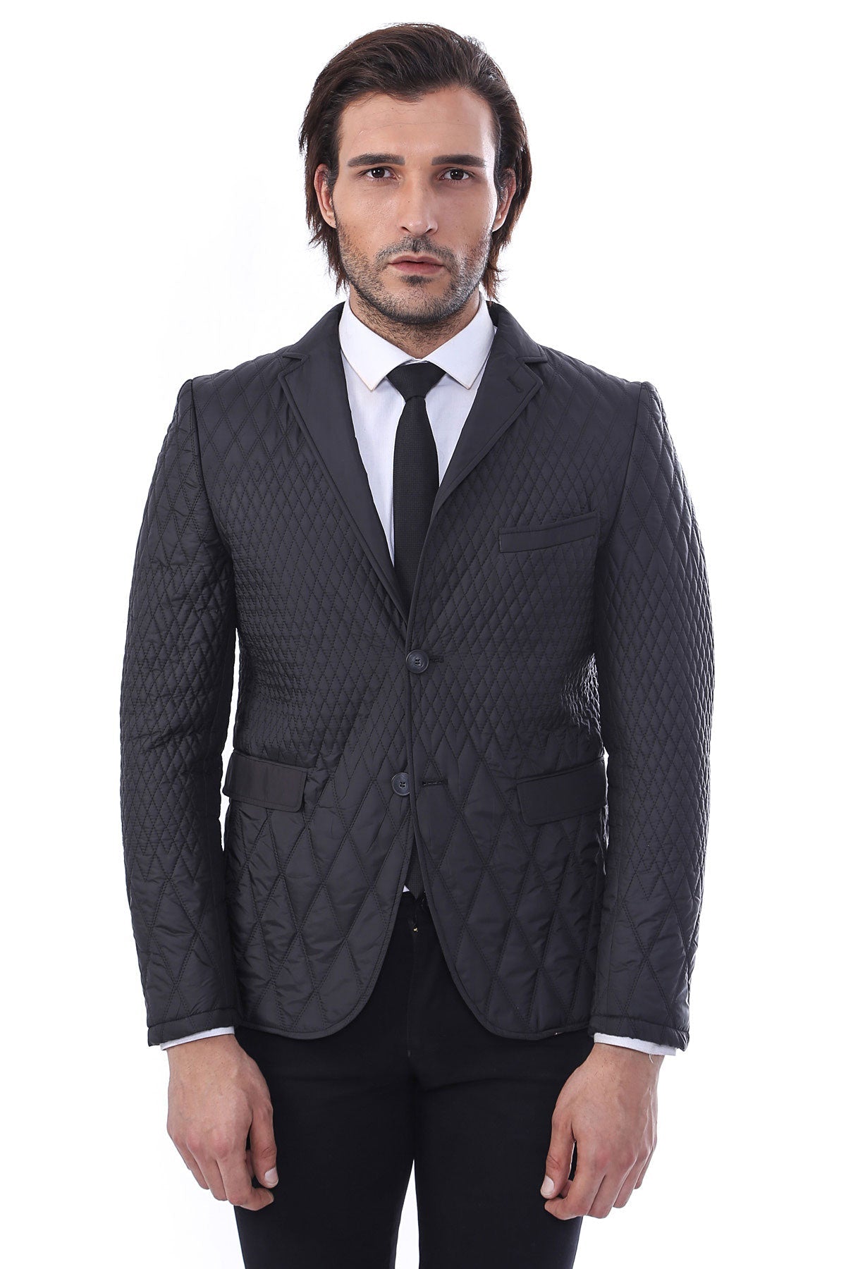 3 Pockets 2 Button Quilted Coat Jacket Black Short Coat – front view