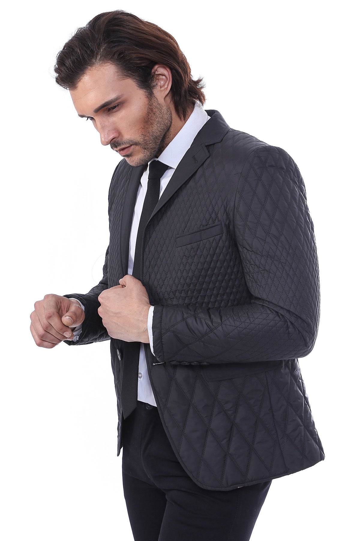 3 Pockets 2 Button Quilted Coat Jacket Black Short Coat – styled view