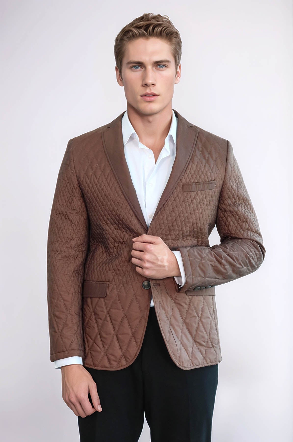 3 Pockets 2 Button Quilted Coat Jacket Tan Short Coat – styled view
