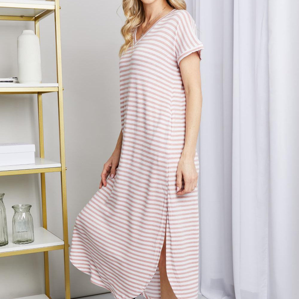 Women's Dresses Heimish Full Size Horizontal Stripe Side Slit V-Neck Dress