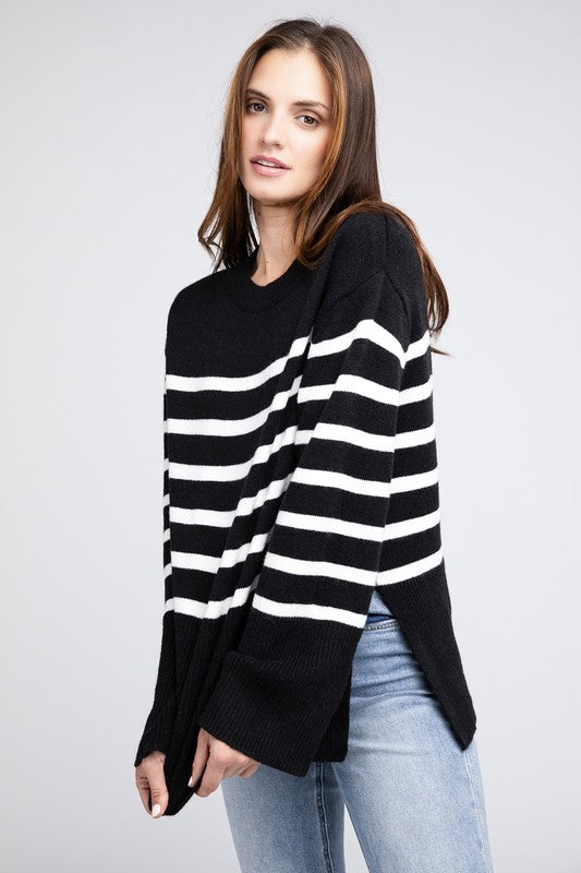 Women's SweatersRibbed Hem Stripe Sweater - VacationGrabs