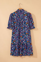 Floral Split Neck Puff Sleeve Mini Dress