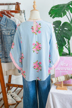 Floral Button Cuffed 3/4 Sleeve Round Neck Blouse