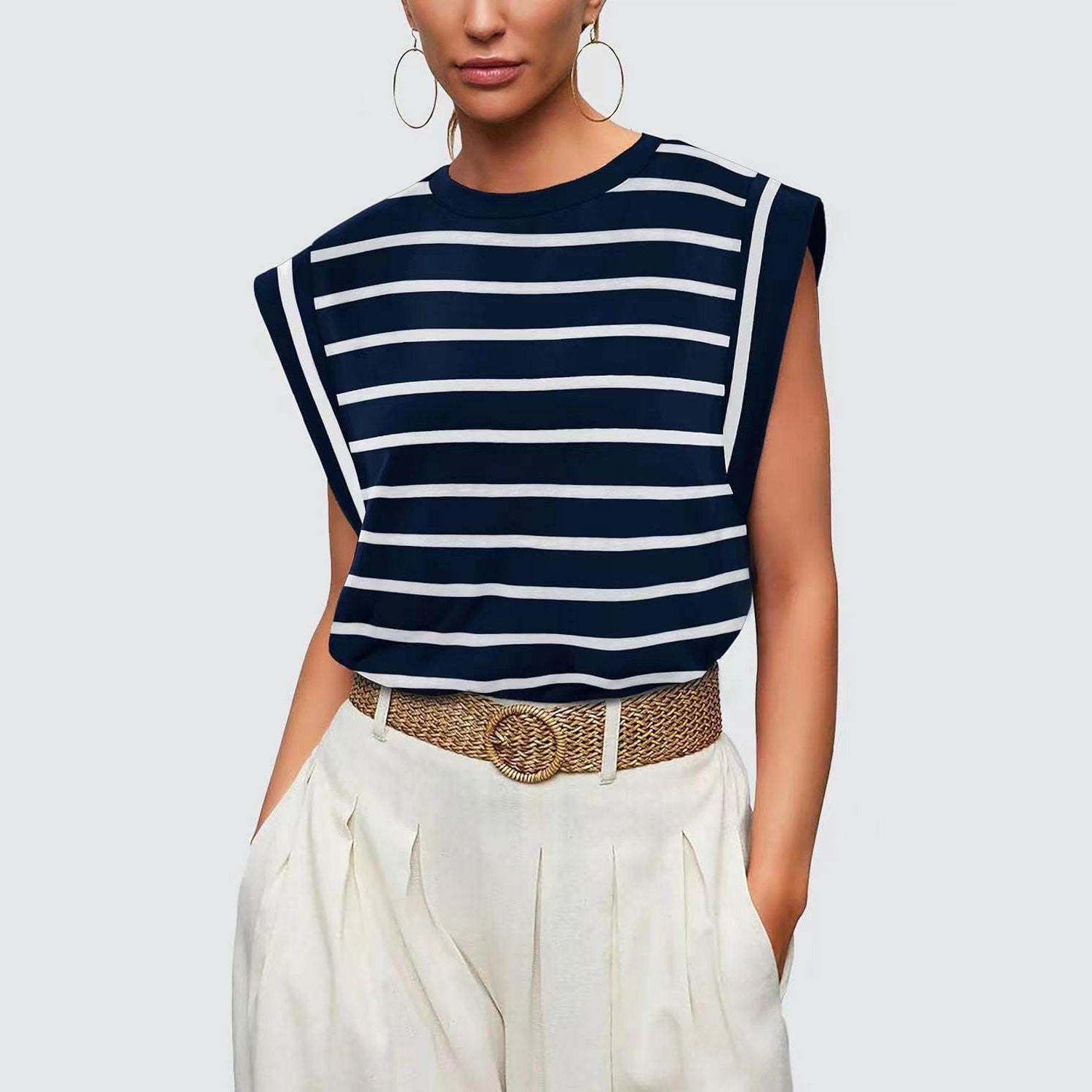 Striped Round Neck Cap Sleeve T-Shirt - VacationGrabs