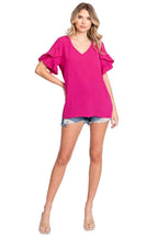 GeeGee V-Neck Ruffle Trim Short Sleeve Blouse - VacationGrabs