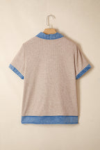Denim Patchwork Ribbed Knit Collared Blouse