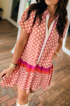 Floral Geometric Colorblock Ruffle Hem Dress
