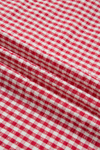 Gingham Plaid Colorblock Trim Split Neck Blouse
