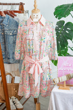 Boho Floral Colorblock 3/4 Sleeve Belted Mini Dress