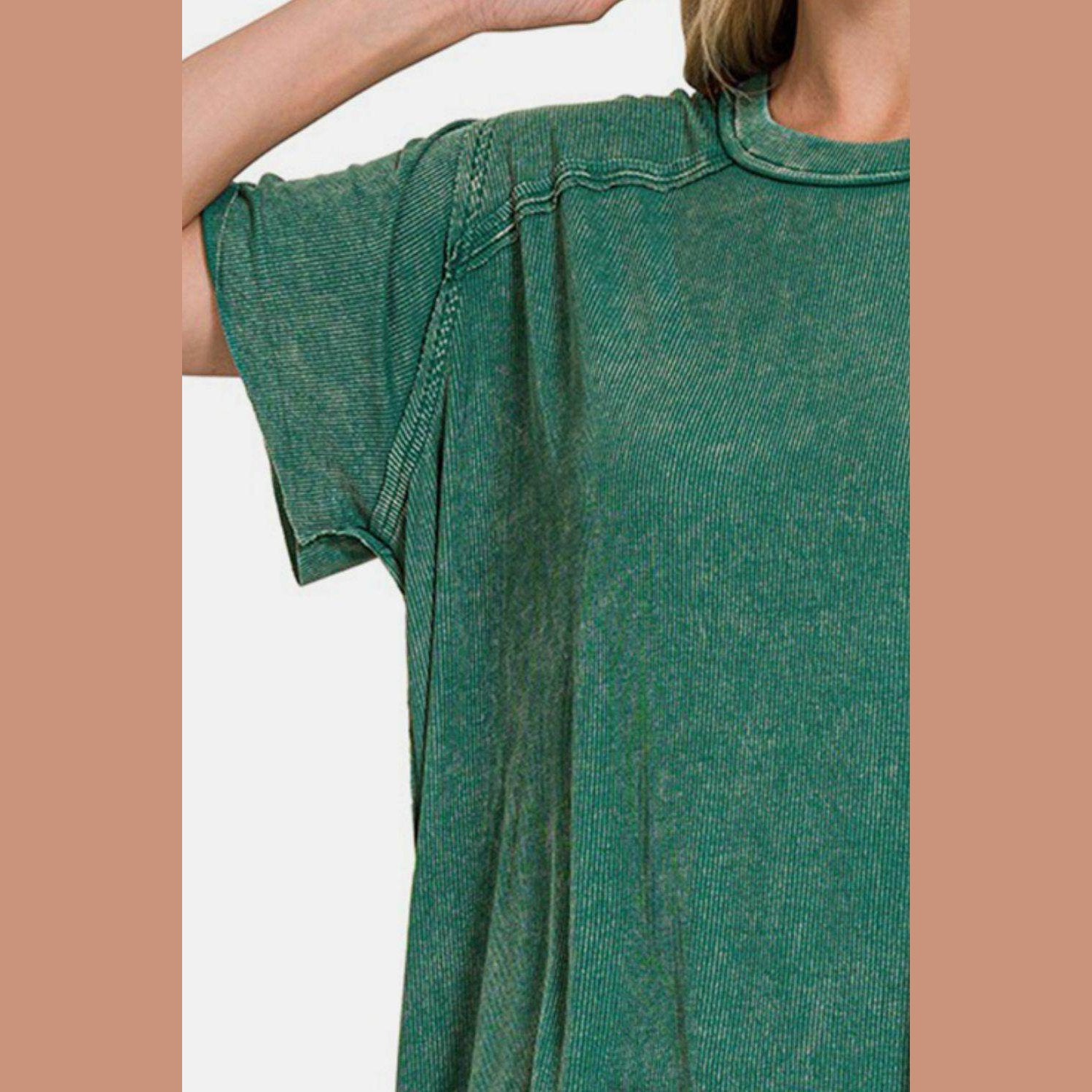 Zenana Washed Ribbed Short Sleeve Top - VacationGrabs