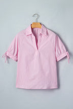 Stripe Tied Short Sleeve Collared Blouse