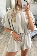 Solid Puff Sleeve Top & Drawstring Shorts Set