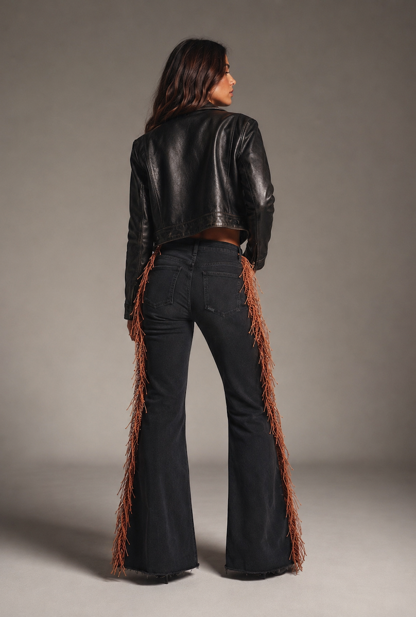 Fringe Bell Bottom Jean in Black Denim