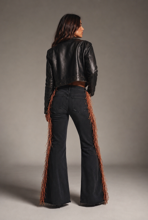 Fringe Bell Bottom Jean In Black Denim