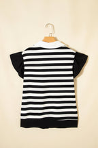 Stripe Collar V-Neck Ruffle Short Sleeve Blouse