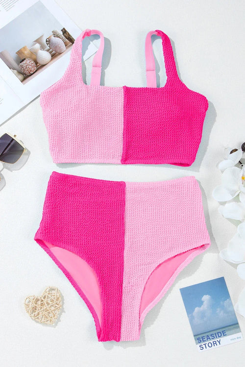 Ensemble Bikini Haut Côtelé Colorblock et Taille Haute