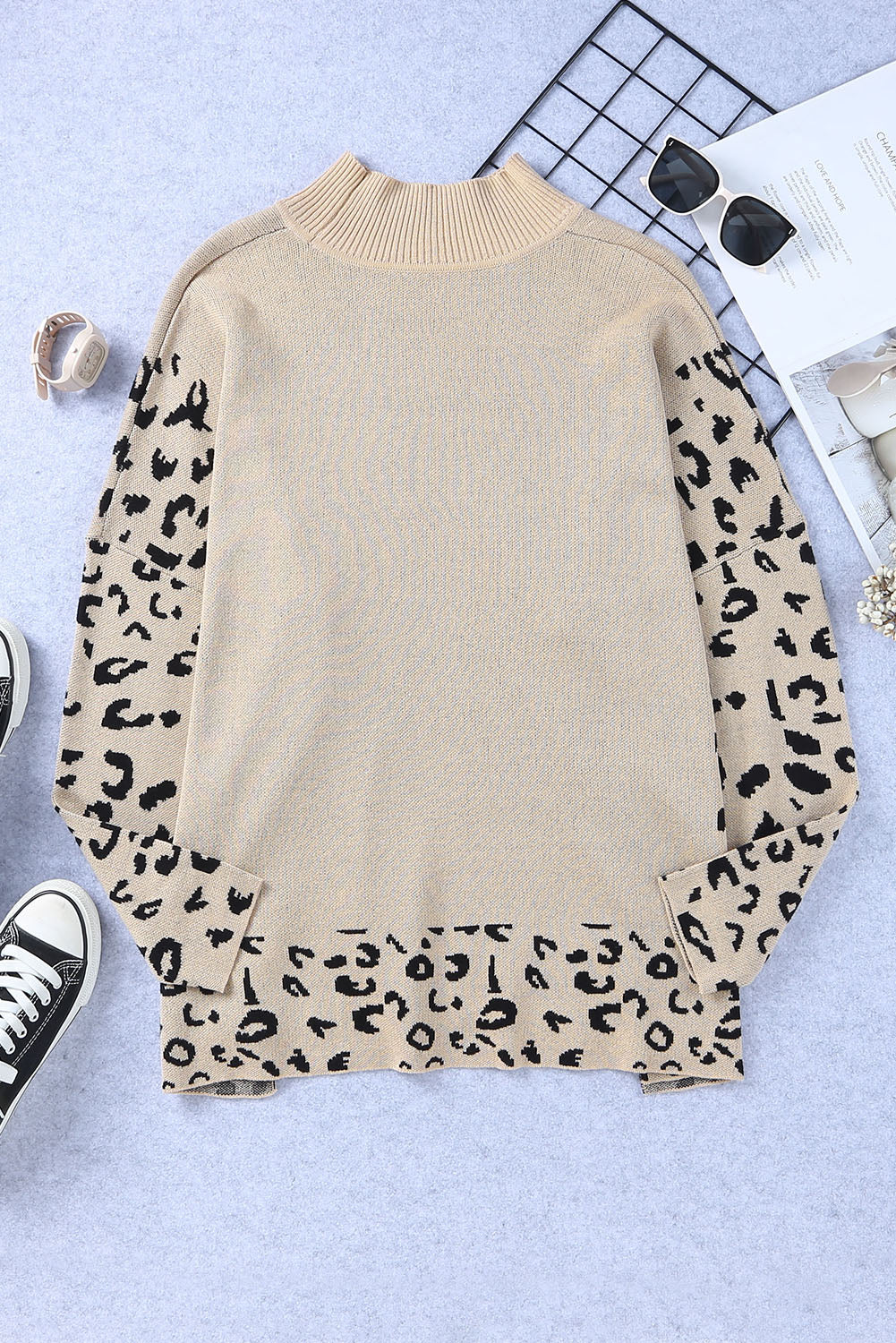 Women's SweatersKhaki Leopard High Neck Side Slit Oversized Sweater - VacationGrabs