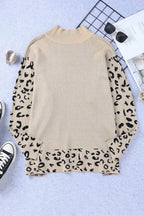 Khaki Leopard High Neck Side Slit Oversized Sweater - VacationGrabs