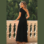One-Shoulder Ruched Maxi Dresses - VacationGrabs
