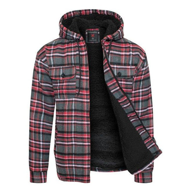 Men's Flannel Sherpa Lined Jacket with Hood - VacationGrabs