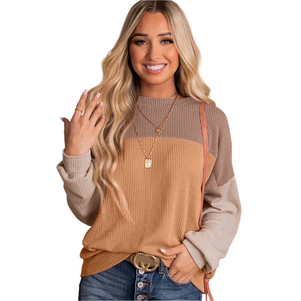 Khaki Color Block Long Sleeve Ribbed Loose Top - VacationGrabs