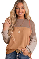 Women's ShirtsKhaki Color Block Long Sleeve Ribbed Loose Top - VacationGrabs