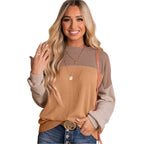 Khaki Color Block Long Sleeve Ribbed Loose Top - VacationGrabs