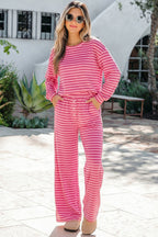 Stripe Drop Shoulder Top & Buttoned Pants Set