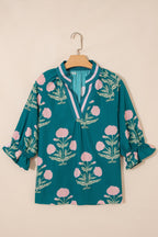 Flower Contrast V-Neck 3/4 Sleeve Blouse