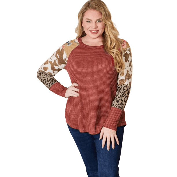 Hailey & Co Full Size Leopard Waffle-Knit Blouse - VacationGrabs