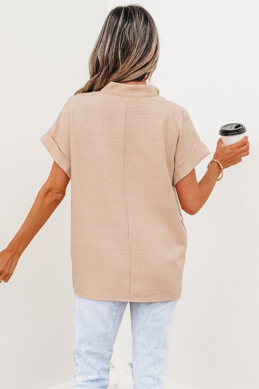 Crochet Lace Trim Rolled Short Sleeve Blouse
