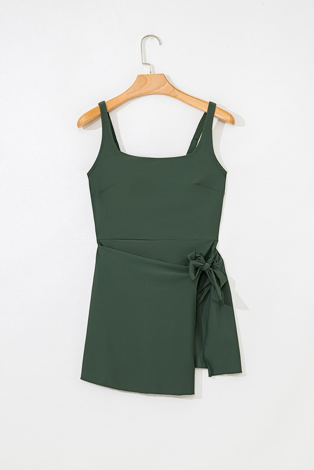 Solid Wrap Tie Waist Square Neck Swim Dress