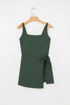 Solid Wrap Tie Waist Square Neck Swim Dress