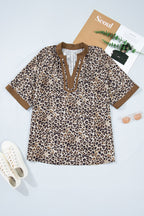 Plus Size Leopard Patchwork Crinkled V-Neck Blouse