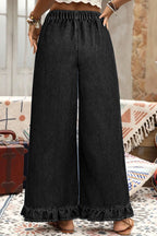 Plus Size Denim Elastic Waist Ruffle Wide Leg Pants