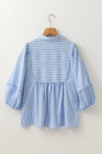 Stripe Shirt Collar V-Neck Ricrac Trim Blouse