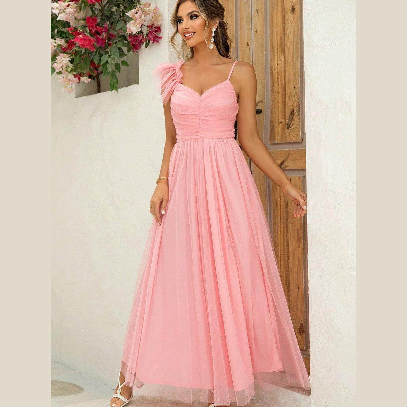 Asymmetrical Ruched Slit Dress - VacationGrabs