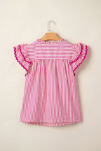 Stripe Smocked Yoke Short Sleeve Ruffle Blouse