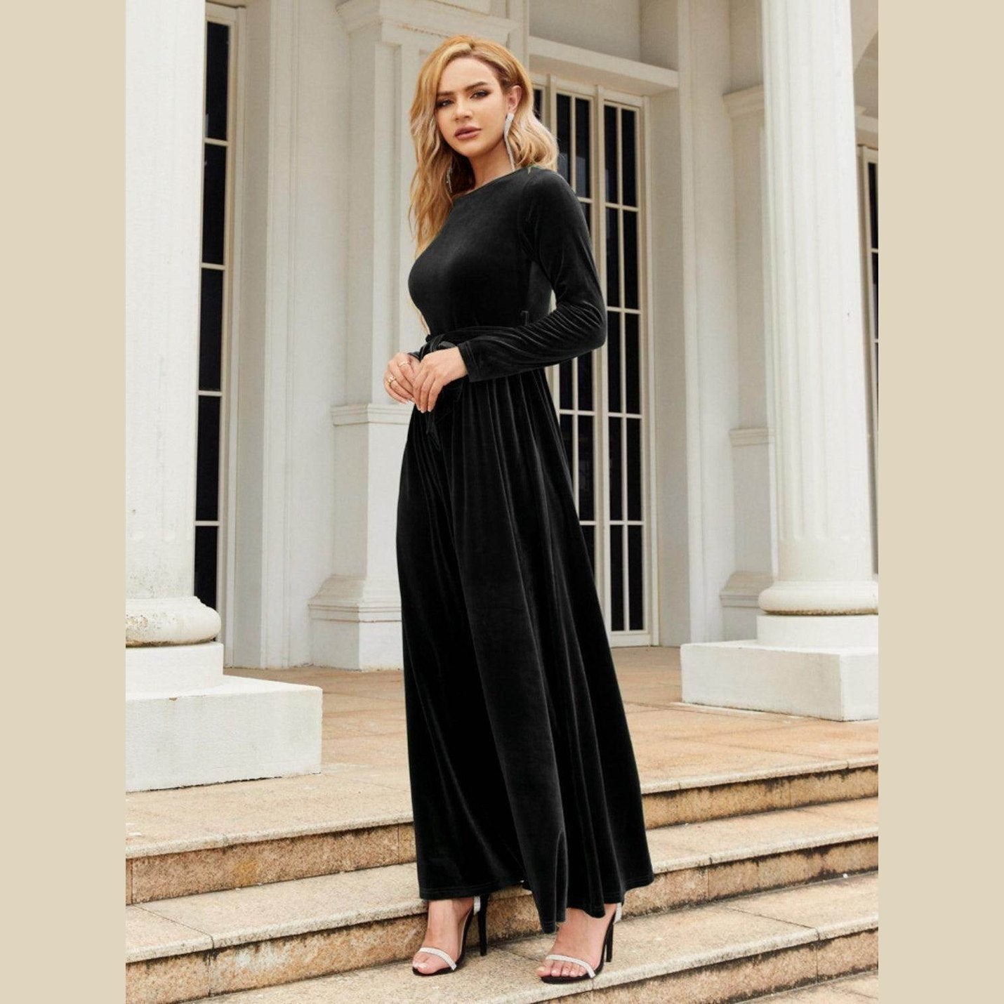 Tie Front Round Neck Long Sleeve Maxi Dress - VacationGrabs