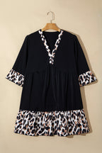 Plus Size Leopard Patchwork V-Neck Ruffle Dress
