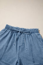 Solid Denim Smocked Elastic Waist Shorts