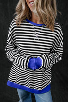 Black Stripe Oversized Contrast Trim Pullover Sweatshirt - VacationGrabs
