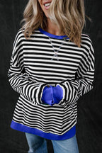 Black Stripe Oversized Contrast Trim Pullover Sweatshirt - VacationGrabs