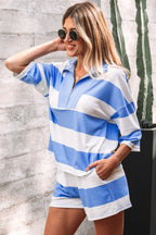 Stripe Half Zip Tee & Elastic Shorts Set
