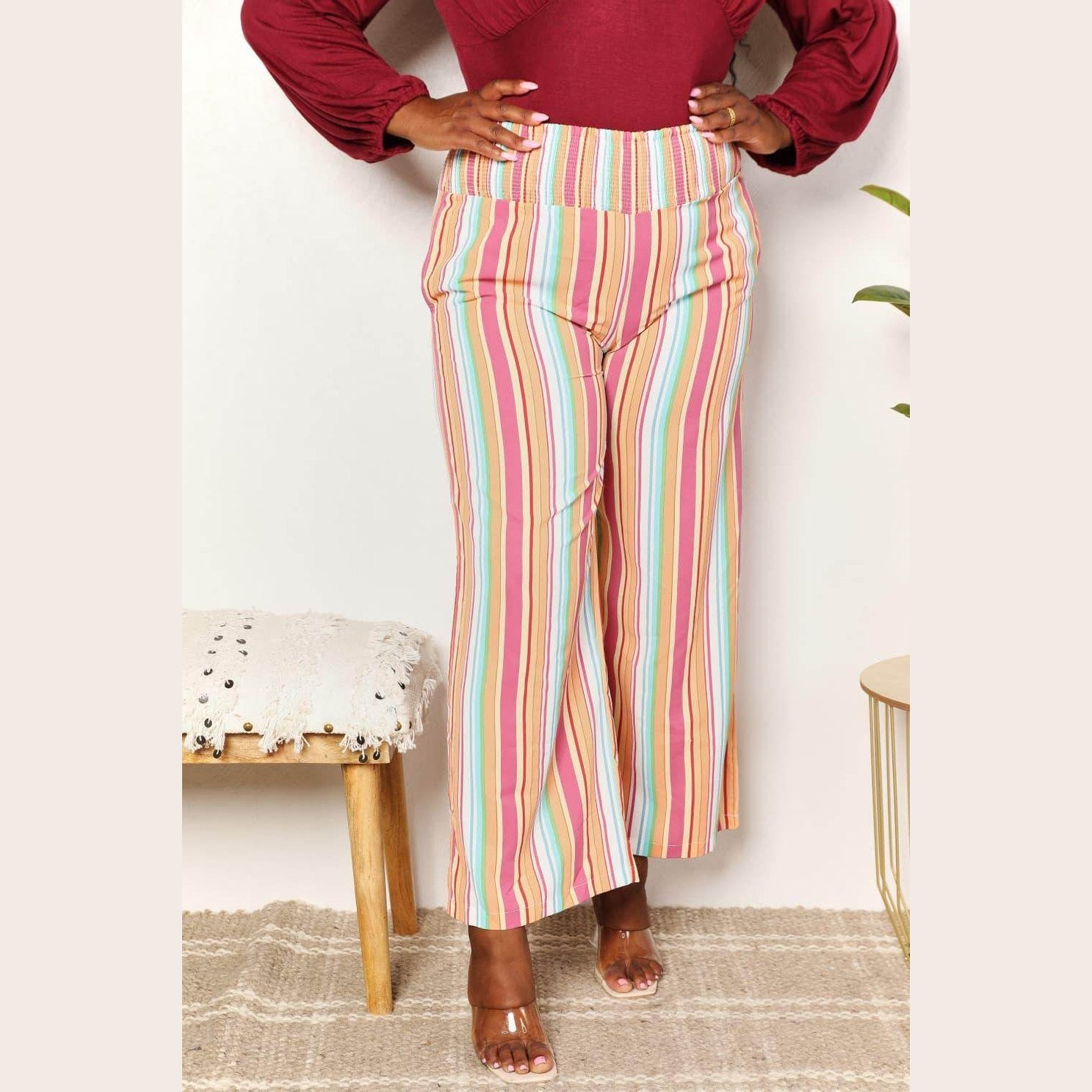 Double Take Striped Smocked Waist Pants with Pockets - VacationGrabs