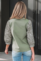 Floral Patchwork Contrast V-Neck Puff Sleeve Blouse